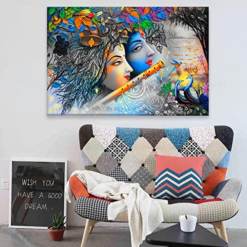 Dittelle Lord Krishna Kunstgemälde Wand für Schlafzimmer Radha Krishna Bilderrahmen Gemälde Bunte Radha mit Flöte Wandrahmen Leinwand 60x90cm Rahmenlos