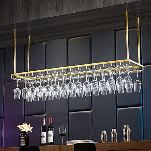 SXBHDM Ceiling Hanging Wine Glass Holder Under Shelf or Cabinet Wine Glass Rack Metal Stemware Rack Hanging Wine Glasses Storage Hanger for Kitchen Bar and Restaurant, Gold (Size : 150x25x21cm)