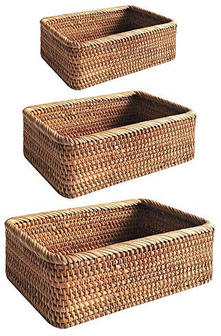 HGUIM 3 Stück Rattan Obstkorb für Küche Rechteckiges Weidentablett Stapelbar Gewebtes Brot Servierkorb Aufbewahrung Halter für Bauernhaus Regal Küche Tisch