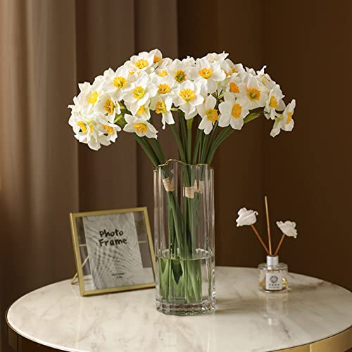 Grekywin Narcisi artificiali, 12 pezzi, fiori finti bianchi, in tessuto di seta, bouquet di fiori finti per la decorazione della casa, cucina, composizione floreale centrotavola per tavolo (41 cm),