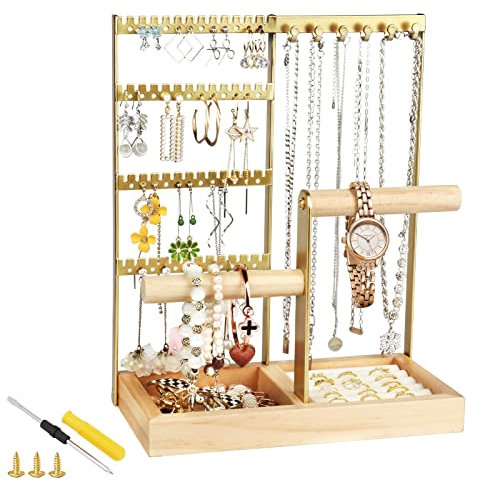 Fenghome Présentoir à bijoux, multicouche, porte-chaîne, porte-boucles d'oreilles, rangement pour bagues, boucles d'oreilles, bracelets, montres et accessoires (doré)