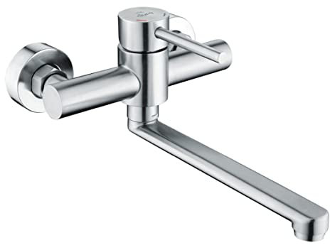 DURO Küchenarmatur Acero, aus Gebürstetem Edelstahl ohne Stopfen, Wassersparend, Einhebel-Zweiloch-Wandbatterie mit Beweglichem Auslauf 20 cm, Durchflussklasse A, Geräuschklasse II