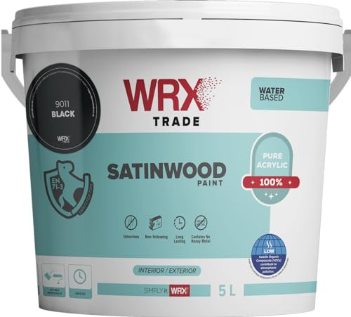 WRX Trade Satinwood Paint For Wood - Quick Dry - Pure Acrylic - Water Based (5L, Black Ral 9011)