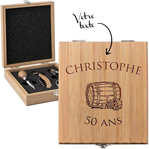 KDO MAGIC Coffret sommelier personnalisé | Idée cadeau homme | Coffret graver | Personnaliser | Tire-Bouchon | Bouchon | Anniversaire | Fête des pères | Papa | Papy