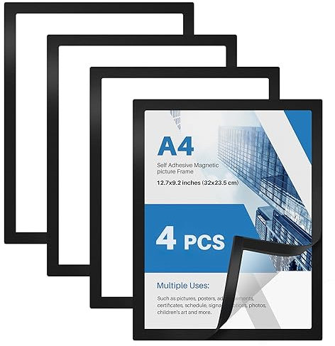 WenYa A4 Magnetic Photo Frames, Black Self Adhesive Certificate Frame, A4 Magnetic Paper Display Frame Set for Pictures, Photos, Ads, Notices, Certificates, Paintings, Posters (4 PCS)