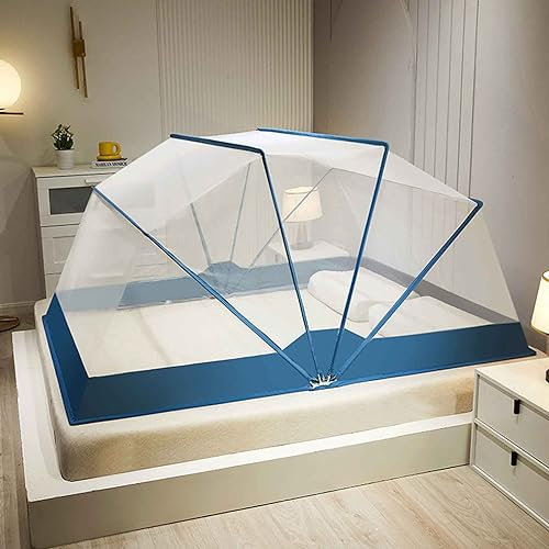JUSHZ Moskitonetz Reise Doppelbett Reisebett Faltbar Mückennetz Bett Mosquito Net Outdoor Fliegennetz Verschlüsseltes Netzgarn Stabiler Langlebiger Metallständer Stummschaltung (Blue,135x190x90cm)