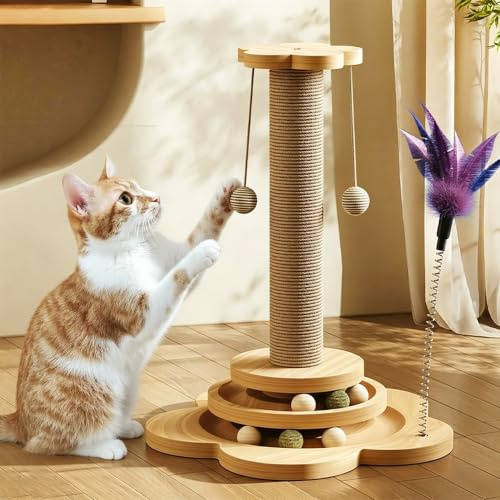 Accmuzzy 4 in 1 Katzenspielzeug hölzernes, Katze Sisal Seil Kratzbaum mit hängenden Ball, Interaktives Katzenspielzeug mit Kratzbaum für Katzen mit Katzenminze Bälle(29 * 46cm)