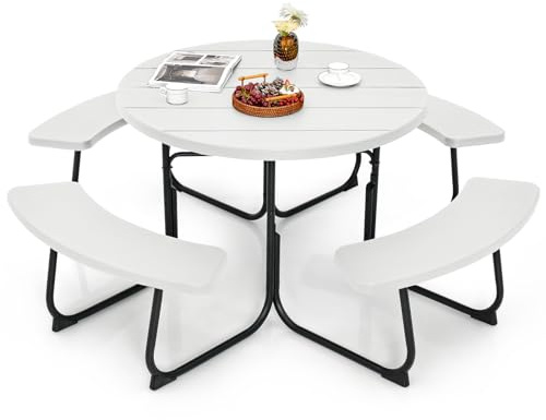 COSTWAY 8 Seater Picnic Table and Bench, All Weather Outdoor Dining Table Set with Built-in Benches and Umbrella Hole, Camping Table Sets Furniture for Patio Garden BBQ（Round,White
