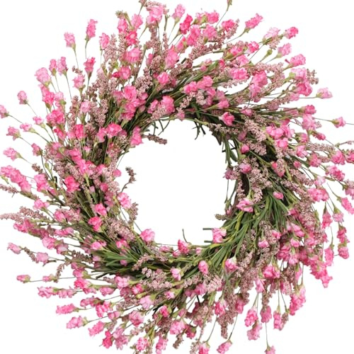 TEMPUS 20 Inch Pink Flower Wreath for Front Doors Spring and Summer for Indoor and Outdoor Decor Rustic and Farmhouse Style Home Pink Wreath