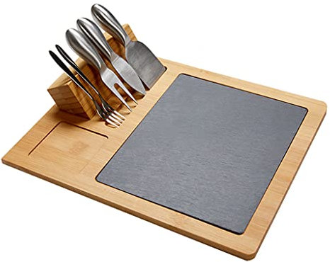 TRoki Tabla para Charcutería de Bambú con Juego de Tabla de Queso de Pizarra y Cuchillo para Cortar - 5 Utensilios de Acero Inoxidable Incluidos - Diseño Exquisito