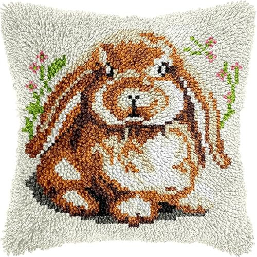 Taxpy Knüpfkissen Set, Latch Hook Kissen Kit für Kinder oder Anfänger Erwachsene zum Selber Knüpfen, DIY Knüpfteppich Knüpfpackung, Knüpfhaken Set 43x43cm(Tierkaninchen,L)