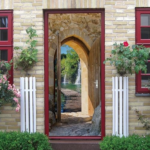 Türtapete Selbstklebend 3D Gewölbte Wasserfall-Holzbrücke 80 X 200 Cm Türtapete Selbstklebend Türposter,Fototapete Selbstklebend 3D Pvc Türaufkleber Diy Türbild,Türfolie Poster Tapete - Kinde 0