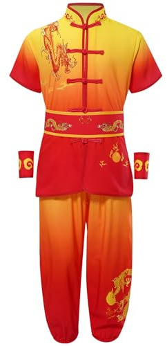 Fldy Kids Boy Girl Kung Fu Master Chinese Traditional Clothing Dragon Print Tops with Pants Belt Cuffs Martial Arts Sets