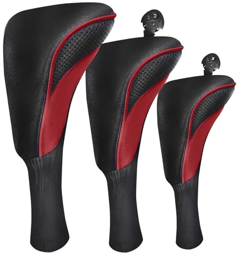 Golfschlägerhauben Driver Golf Club Headcover Set Wert 4 Stück, Langer Hals Schlägerkopfhüllen Hybrid Fairway mit 1 3 5 7 X Nummernschild (3 Stück Vermilion, 1 Driver&1 Fairway&1 Hybrid)