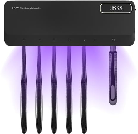 Yallmie UV-Zahnbürste Sanitizer, 5+1+1 UV Zahnbürste Sterilisator, Toothbrush Sanitizer Zahnbürstenhalter mit Trocknen, USB Aufladbar und Timing Funktionen Zahnbürsten-Desinfektionsmittel (Schwarz)