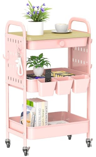 danpinera 3 Tier Rolling Cart, Metal Storage Cart with Drawer, Wooden Tabletop & DIY Pegboards, Utility Carts on Wheels with Hooks & Hanging Cups, Mobile Storage Organizer Trolley for Kitchen, Office