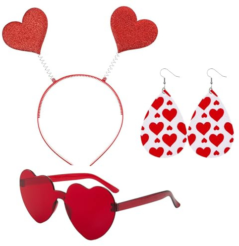 TAXTYHRE Herz Stirnband, Herz Haarreif Rot, mit Herzbrille und Herzförmige Ohrringe, für Karneval Fasching Hochzeit Valentinstag Foto Requisiten Kostüm Party