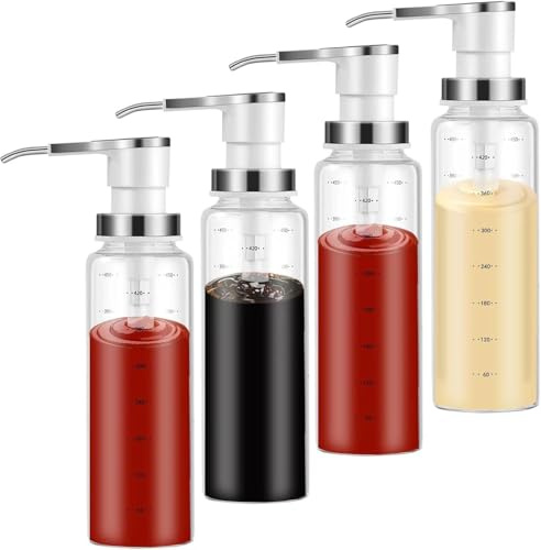 Dispensadores de bomba de salsa, dispensador de jarabe de café, 4 botellas de vidrio de 500 ml con bombas de acero inoxidable, a prueba de fugas, bombas de grado alimenticio para miel, jarabes,
