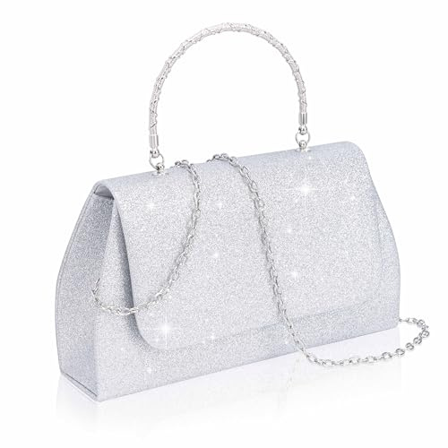Larcenciel Silver Clutch Bags for Women, Shiny Bamboo Handle Women's Clutches w/Detachable Chain, Elegant Bride Bag Handbag, Fashion Crossbody Purse Shoulder Bag for Wedding, Prom, Party, 22x12x5CM