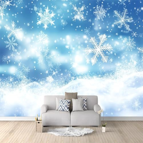 Vlies Tapeten 400 x 280 cm moderne Fototapete Cartoon Winterschneeflocken wandbild Tapete Hellblau Art Fototapete Deko für Mädchen und Jungen Schlafzimmer Wohnzimmer Kinderzimmer Wand