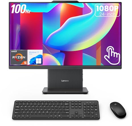 Lenovo IdeaCentre 24 FHD AIO Desktop, Display Touchscreen 100Hz, AMD Ryzen 5 7535HS, 16GB DDR5 RAM, 1TB SSD, Pad di ricarica wireless, KB e mouse wireless, Type-C, Wi-Fi 6, Windows 11 Home, nero