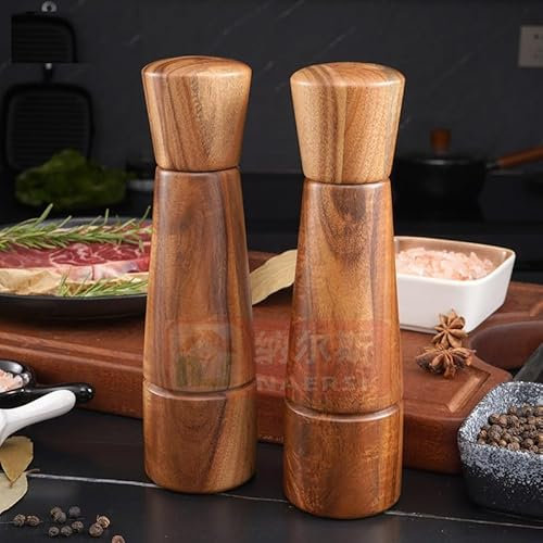 Juego de molinillos de sal y pimienta de madera con bandeja, juego de 2 molinillos manuales con grado de molienda ajustable, 20 cm de alto, núcleo de cerámica, juego de molinillos de especias para