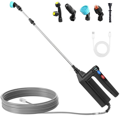 JOAASU Spruzzatore Elettrico per Piante, 7.4V Nebulizzatore Piante, Nebulizzatore Elettrico con 5 Beccuccio, 3 Velocità di Pompa Irroratrice, 5M Tubo, con Indicatore del Livello Della Batteria