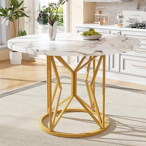 Merax 100 cm Runder Esstisch für 4-6 Personen – Moderner Küchentisch mit marmorierter MDF-Tischplatte und Golden Metallbeinen, für Wohnzimmer, Esszimmer und Büro