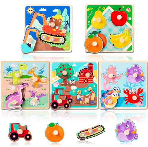AMFUN Puzzle a incastro, in legno, composto da puzzle con animali della giungla, puzzle in legno a partire da 1 anno (misto)