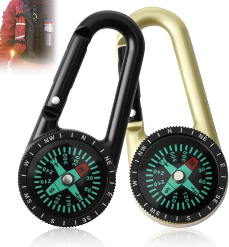 2 Pack Compass with Keychains and Carabiner Hiking Small Compass Navigation with Fluorescent Design for Outdoor Military Scout Orienteering Camping Sport Keyring Travel Equipment Accessories