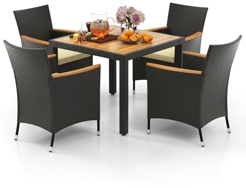 GIANTEX Juego de Muebles de Jardín 5 Piezas, Mesa de Comedor con Tablero de Madera de Acacia, 4 Sillas de Ratán con Asientos Acolchados, Conjunto de Muebles para Terraza, Patio (Cojín Beige)