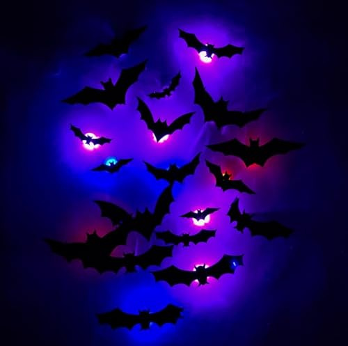 DUBUOZA 36 Pezzi Decorazioni Halloween Pipistrelli Con luce LED Decorazione 3D di Pipistrelli di Halloween per Porte,Finestre,Pareti,Giardini