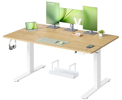 VASAGLE Bureau Électrique Réglable en Hauteur, 140 x 80 cm, avec Port USB-C, Support pour Multiprise, Rappel de Sédentarité, Fonction Mémoire 3 Hauteurs, Télétravail, Couleur Chêne Naturel LSD144YA02
