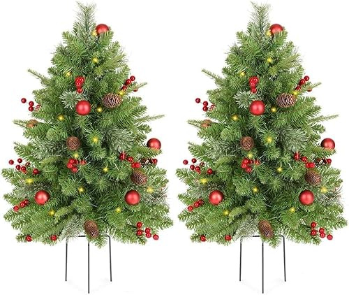 OasisCraft 3 ft / 90cm Outdoor Christmas Tree Set of 2, Pre-Lit Artificial Trees with LED Light, Pine Cones, Red Berries and Red Balls, Metal Stakes for Porch, Garden, Driveway Winter Decorations