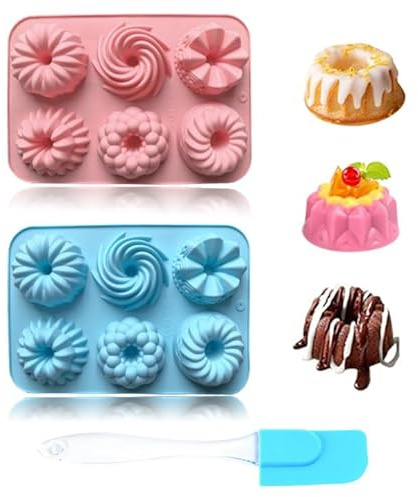 2 Stücke Mini Gugelhupfform Silikon & 1 Silikonspatel, Wiederverwendbar Kuchenform Klein Savarin Form, Silikonbackform für Muffins, Kuchen & Kekse Backen, Pralinen Valentinstag