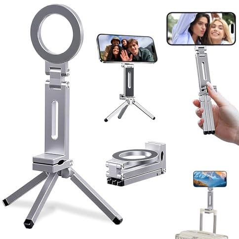 Magnetic Phone Tripod Stand, Aluminium Mini Magnetic Phone Tripod, 360° Adjustable Magic Clip Folding Magnetic Stand, Universal 1/4” Screw Interface