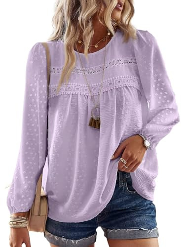 TUUHAW Top Femme Boho Col Rond Chemise Manches Longues Dentelle | Blouse Haut Chic et Élégant Chemise Automne, Tunique à Point Suisse, T-Shirts Mousseline Hauts Décontracté Loose