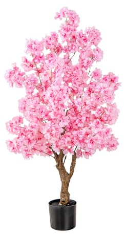 RELAX4LIFE 120 cm Künstlicher Kirschblütenbaum, Kirschblüten Pflanze deko mit PE-Stamm & Stoffblütenblätter, Kunstpflanze groß, Sakura Baum, Kunstbaum mit Topf für Hochzeit & Zuhause & Büro, Rosa