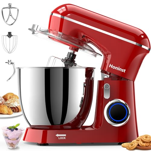 Honinst Küchenmaschine Knetmaschine, 10 P Stufen Teigknetmaschine, 1400W Teigmaschine, Rührmaschine mit 6.5L EdelstahlschüSsel, Schneebesen, Knethaken, Rührbesen & Spritzschutz zum Backen,Rot