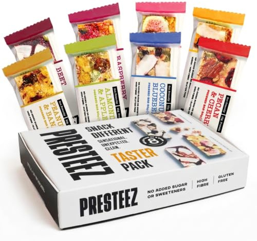 Presteez Taster Pack, Snack Bars, Mix of Fruits & Nuts + Protein, 8 Pack | Minimally processed, clean eating healthy snacks for adults: 4 vegan 35g + 4 gut health 50g bars, no added sugar or sweetener