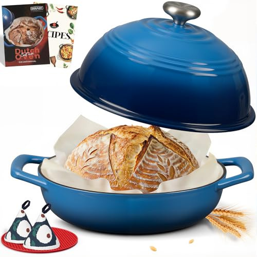 Overmont 26cm Enameled Cast Iron Bread Oven - 6QT Dutch Oven Pot for Sourdough Bread Baking – Dome Lid, Cotton Potholders & Cookbook Included, Multi-Functional for Baking,Blue