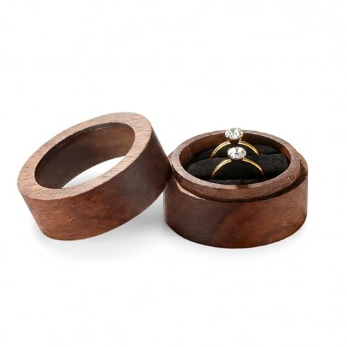 Aysatogc ringlåda bröllop valnöt trä ringlåda rund ring låda med 2 fack vintage ringlåda för giftering, förlovning, bröllop och daglig förvaring