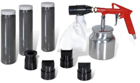 GeenYuu Druckluft Sandstrahlpistole Set mit 850 ml Sand Tank, 3 Aluminiumoxidpulver Flaschen, 4 Düsen für Entrosten, Entlacken, Reinigen von Metall, Holz, Auto Karosserie, Werkstatt, Garage