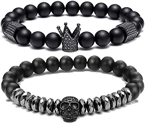 SEVENSTONE 8mm Crown King Charm Bracelet for Men Women Black Matte Onyx Stone Beads