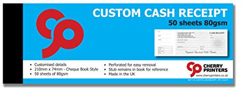 Cherry Printers **Custom** Cash Receipt Book - Cheque Book Style with stub 210mm x 74mm 50pages 80gsm **8 Pack**