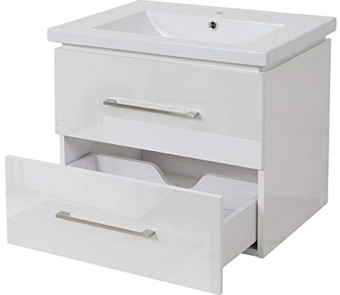 Mendler Premium Waschbecken + Unterschrank HWC-D16, Waschbecken Waschtisch, Hochglanz 60cm - weiß