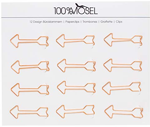 100% Mosel Büroklammern Roségold, 12 Stück, in Pfeil-Design (5 x 1,7 cm) | Edle Klammern aus Metall, modernes Accessoire fürs Büro/Homeoffice, elegante Deko zu besonderen Anlässen
