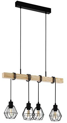 Eglo Lampada a sospensione Townshend 5, plafoniera dal design vintage, industriale e retrò a quattro punti luce, acciaio e legno, E27
