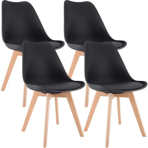 CLP Esszimmerstuhl 4er Set gepolstert Linares, Küchenstühle mit Rückenlehne und Holzgestell Buchenholz, Polsterstühle mit Bodenschonern - Farbe schwarz Material Kunststoff