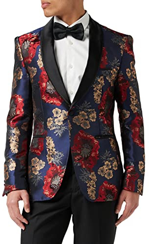 Xposed Mens Vintage Gold Paisley Print on Navy Tuxedo Dinner Jacket Smart Tailored Fit Blazer[TUX-H008-NAVY-RED,Navy,Red,48]